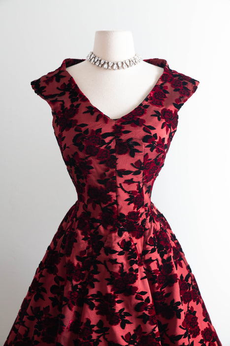 1950’s Adele Simpson Crimson Rose Silk Demi Couture Cocktail Dress / S