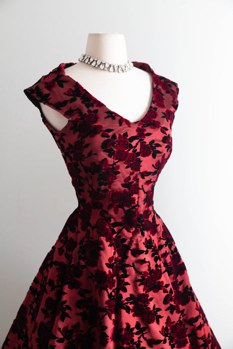 1950’s Adele Simpson Crimson Rose Silk Demi Couture Cocktail Dress / S