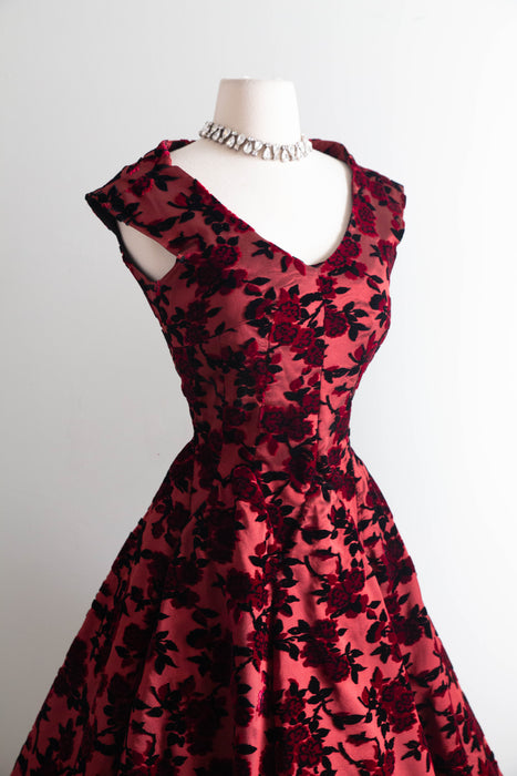 1950’s Adele Simpson Crimson Rose Silk Demi Couture Cocktail Dress / S