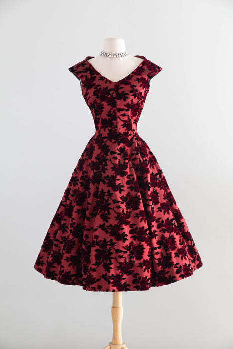 1950’s Adele Simpson Crimson Rose Silk Demi Couture Cocktail Dress / S