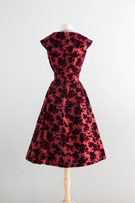 1950’s Adele Simpson Crimson Rose Silk Demi Couture Cocktail Dress / S