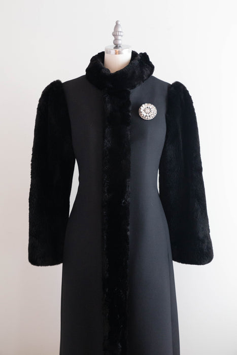 Sublime 1970's Saks Fifth Ave. Black Wool Coat With Fur Sleeves / SM
