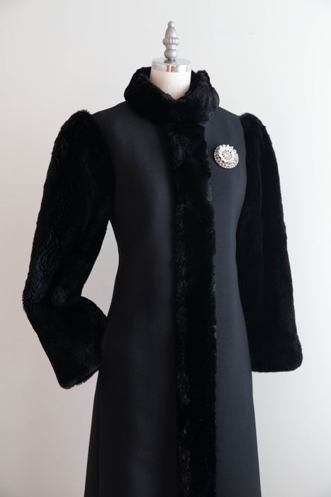 Sublime 1970's Saks Fifth Ave. Black Wool Coat With Fur Sleeves / SM