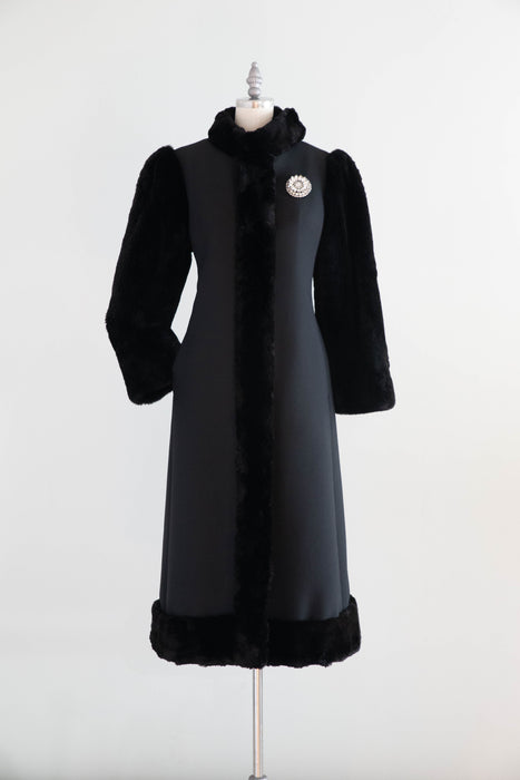 Sublime 1970's Saks Fifth Ave. Black Wool Coat With Fur Sleeves / SM
