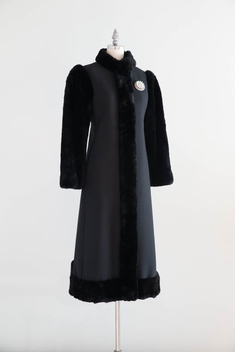 Sublime 1970's Saks Fifth Ave. Black Wool Coat With Fur Sleeves / SM
