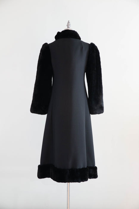 Sublime 1970's Saks Fifth Ave. Black Wool Coat With Fur Sleeves / SM