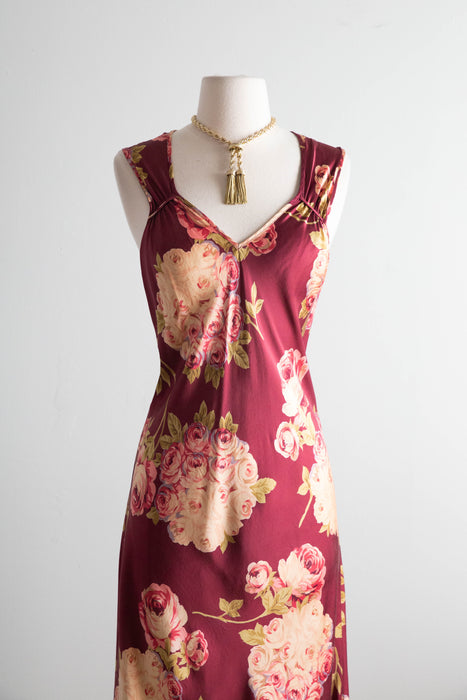 Stunning 1990's Bucolic Rose Print Silk Bias Cut Slip Dress by Mary Green / SM