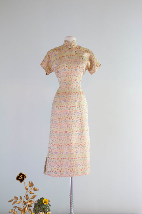 Glamorous 1950's Golden Rainbow Brocade Cheongsam Dress / Medium