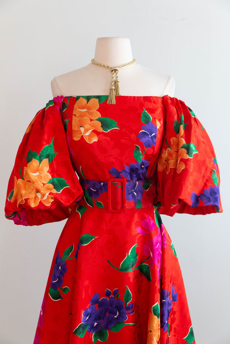 Fabulous 1980's Scarlet Floral Print Party Dress By Raul Blanco / M