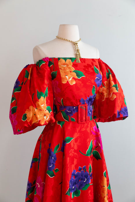 Fabulous 1980's Scarlet Floral Print Party Dress By Raul Blanco / M