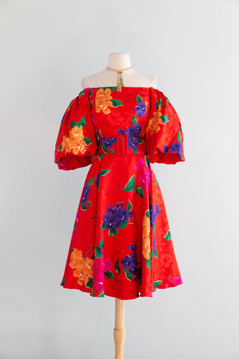 Fabulous 1980's Scarlet Floral Print Party Dress By Raul Blanco / M
