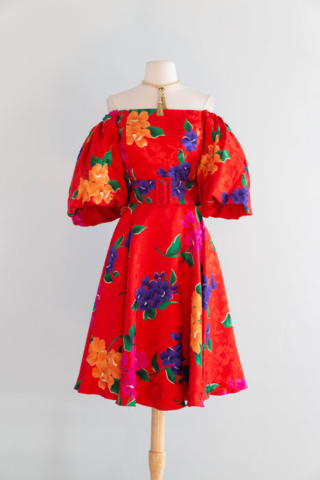 Fabulous 1980's Scarlet Floral Print Party Dress By Raul Blanco / M