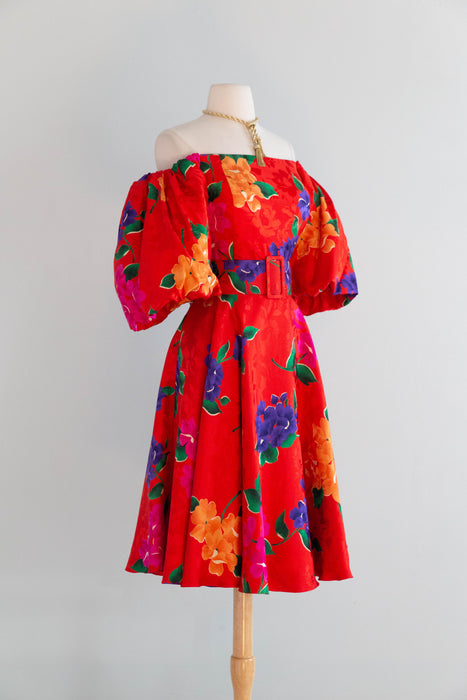 Fabulous 1980's Scarlet Floral Print Party Dress By Raul Blanco / M