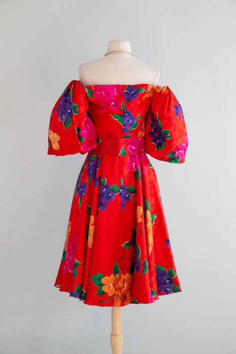 Fabulous 1980's Scarlet Floral Print Party Dress By Raul Blanco / M