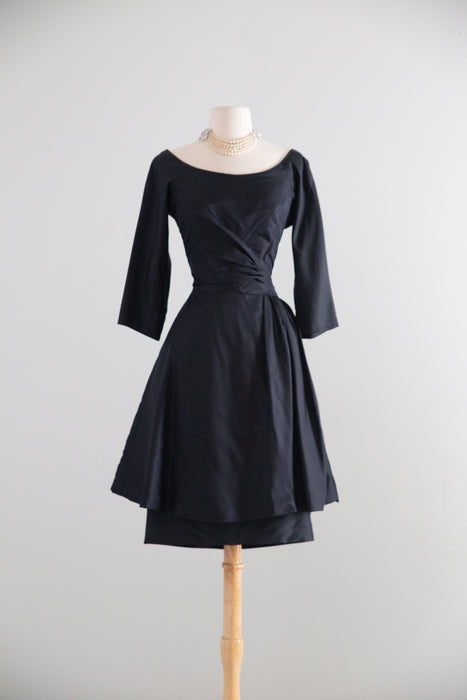 Gorgeous 1950's Black Silk Cocktail Dress With Dramatic Skirt / S