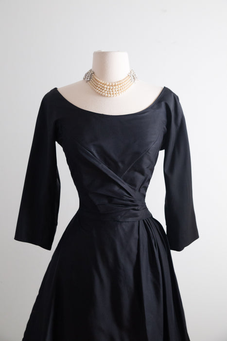 Gorgeous 1950's Black Silk Cocktail Dress With Dramatic Skirt / S