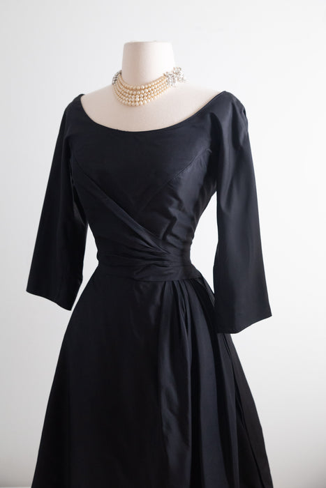 Gorgeous 1950's Black Silk Cocktail Dress With Dramatic Skirt / S