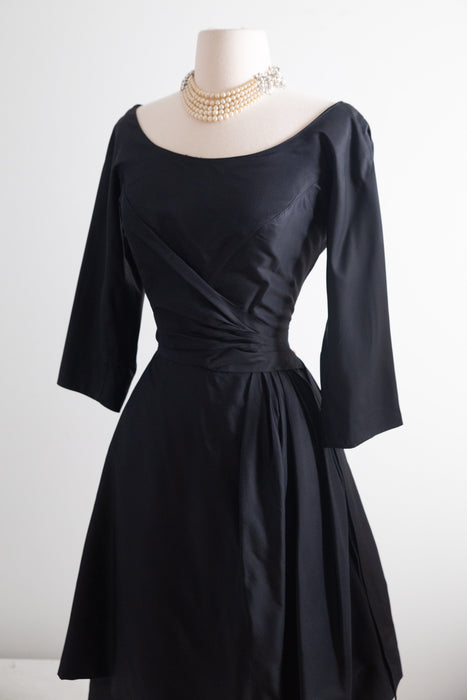 Gorgeous 1950's Black Silk Cocktail Dress With Dramatic Skirt / S
