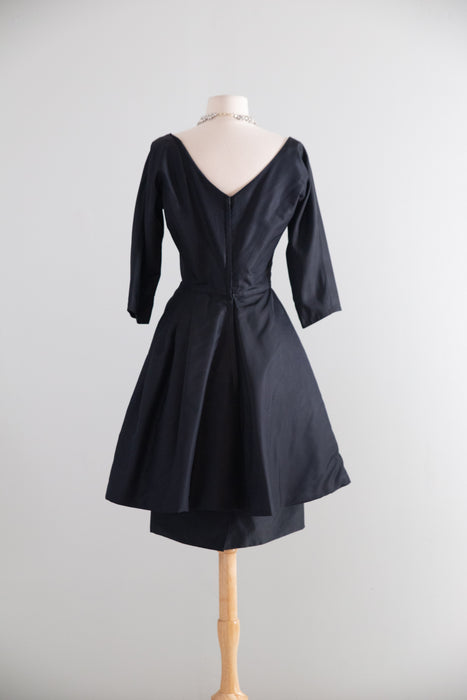Gorgeous 1950's Black Silk Cocktail Dress With Dramatic Skirt / S