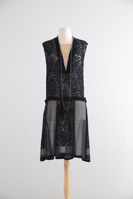 Stunning 1920s Black Silk Chiffon & Devoré Velvet Flapper Dress / S