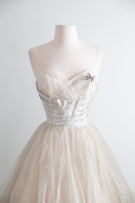 Vintage 1950's Silver Metallic Spider Web Strapless Prom Dress / XS