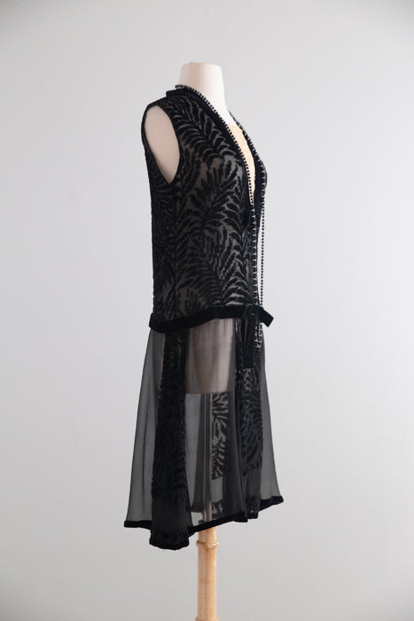 Stunning 1920s Black Silk Chiffon & Devoré Velvet Flapper Dress / S