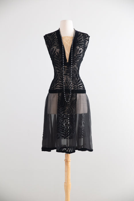 Stunning 1920s Black Silk Chiffon & Devoré Velvet Flapper Dress / S