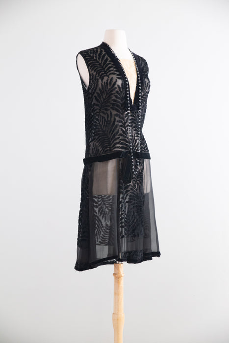 Stunning 1920s Black Silk Chiffon & Devoré Velvet Flapper Dress / S