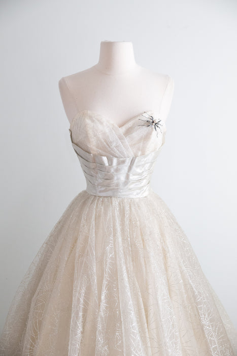 Vintage 1950's Silver Metallic Spider Web Strapless Prom Dress / XS