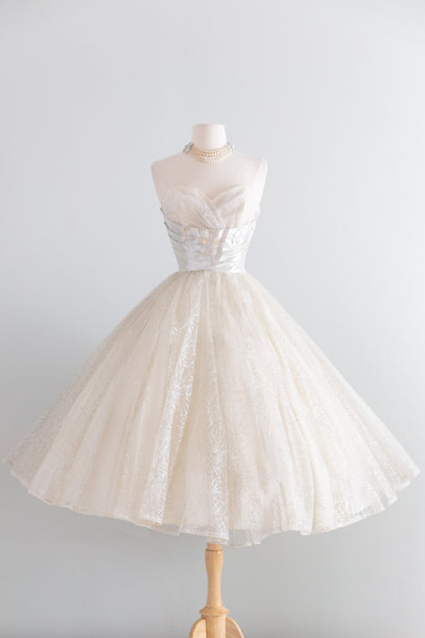 Vintage 1950's Silver Metallic Spider Web Strapless Prom Dress / XS
