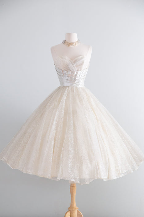 Vintage 1950's Silver Metallic Spider Web Strapless Prom Dress / XS