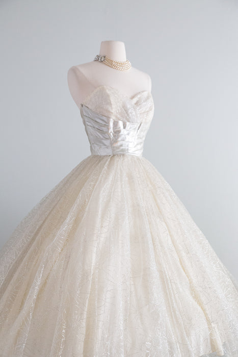 Vintage 1950's Silver Metallic Spider Web Strapless Prom Dress / XS