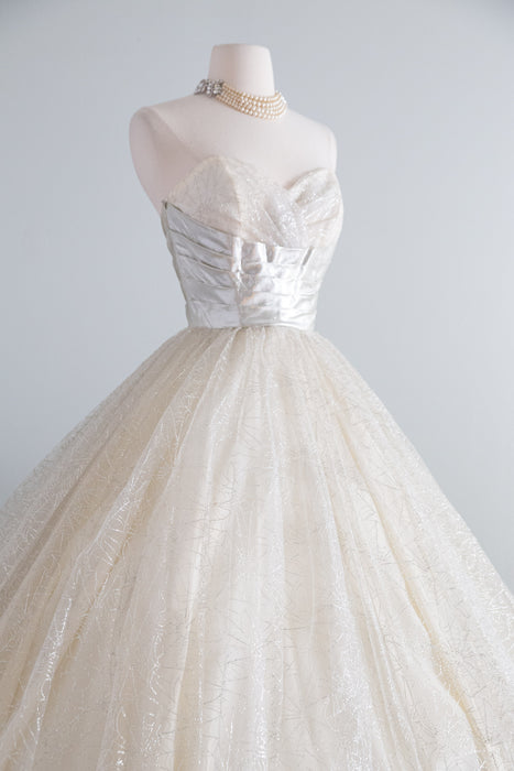 Vintage 1950's Silver Metallic Spider Web Strapless Prom Dress / XS
