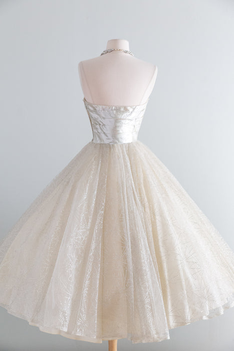Vintage 1950's Silver Metallic Spider Web Strapless Prom Dress / XS