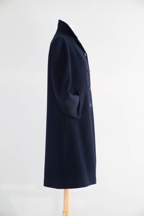 Elegant Early 1960's Navy Blue Cashmere Ladies Overcoat / M