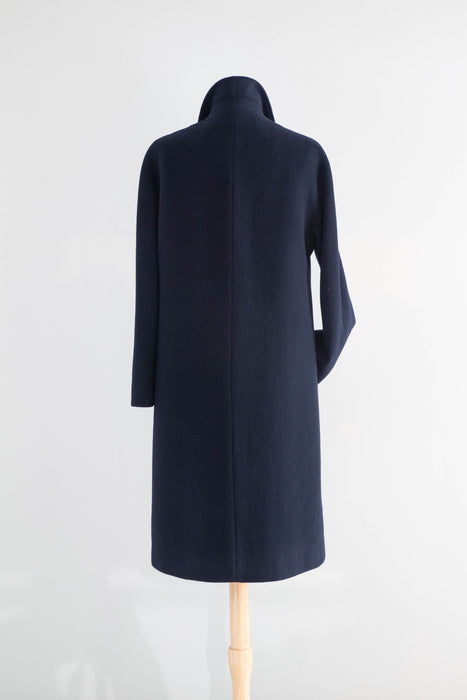 Elegant Early 1960's Navy Blue Cashmere Ladies Overcoat / M