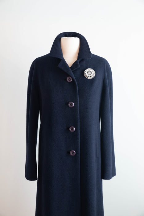 Elegant Early 1960's Navy Blue Cashmere Ladies Overcoat / M