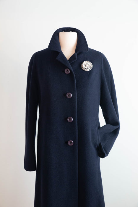 Elegant Early 1960's Navy Blue Cashmere Ladies Overcoat / M