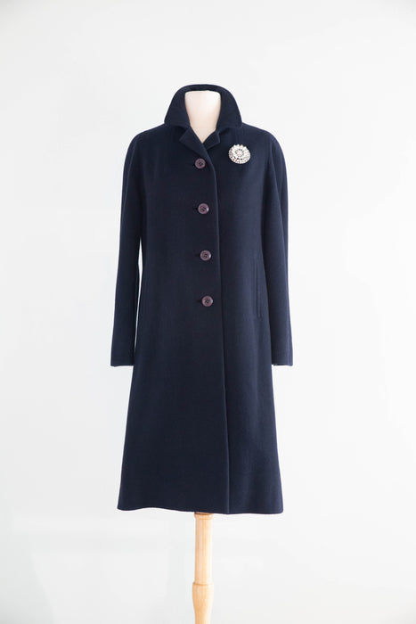 Elegant Early 1960's Navy Blue Cashmere Ladies Overcoat / M