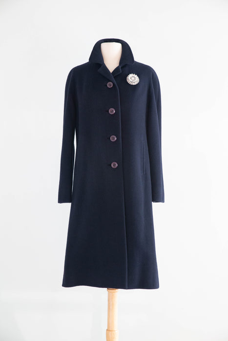 Elegant Early 1960's Navy Blue Cashmere Ladies Overcoat / M