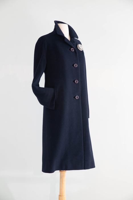 Elegant Early 1960's Navy Blue Cashmere Ladies Overcoat / M