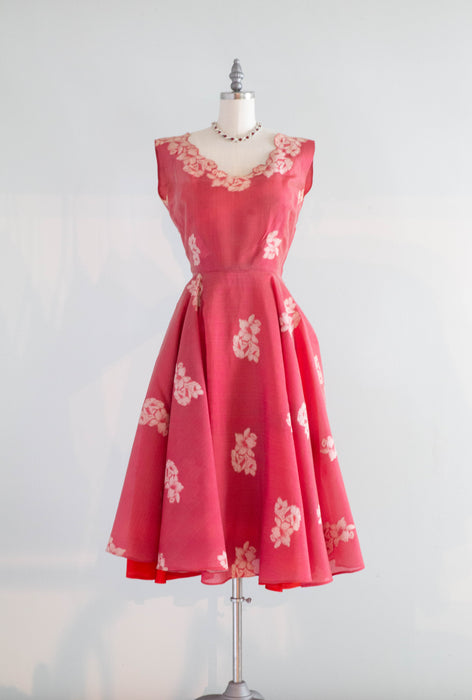 Stunning 1950's Camellia Red Silk Cocktail Dress / Small