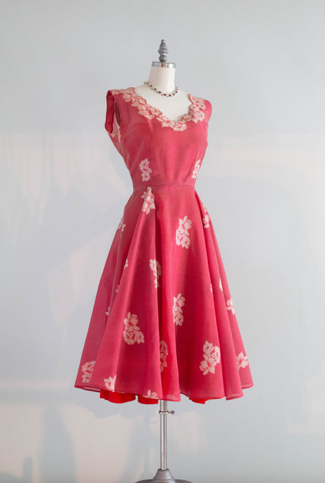 Stunning 1950's Camellia Red Silk Cocktail Dress / Small