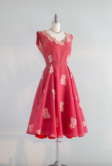 Stunning 1950's Camellia Red Silk Cocktail Dress / Small