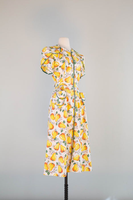 Adorable 1940's Pear Print Cotton Day Dress By Simplicity Frocks / Large