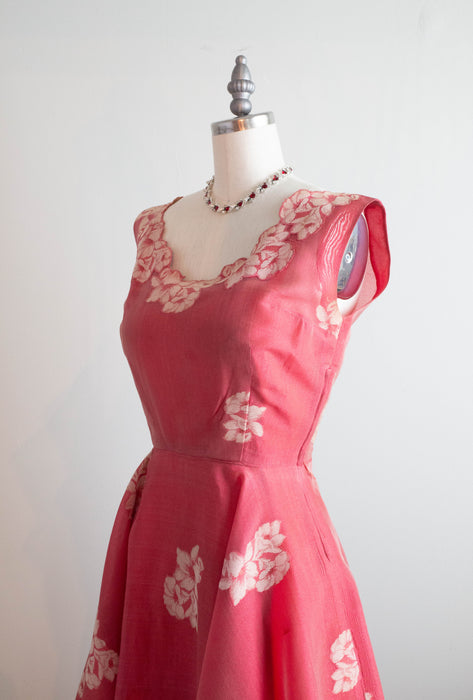 Stunning 1950's Camellia Red Silk Cocktail Dress / Small