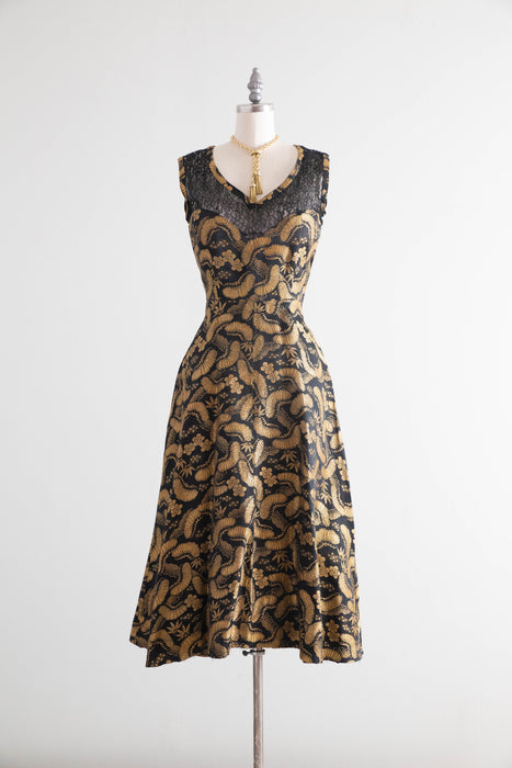 Stunning Late 1940’s Chinese Gold Brocade Evening Dress with Shawl  / SM