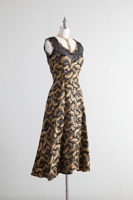 Stunning Late 1940’s Chinese Gold Brocade Evening Dress with Shawl  / SM