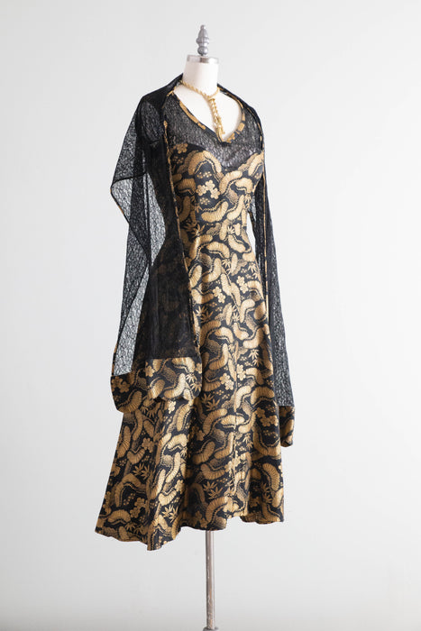 Stunning Late 1940’s Chinese Gold Brocade Evening Dress with Shawl  / SM