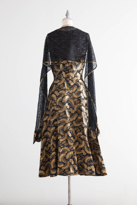 Stunning Late 1940’s Chinese Gold Brocade Evening Dress with Shawl  / SM